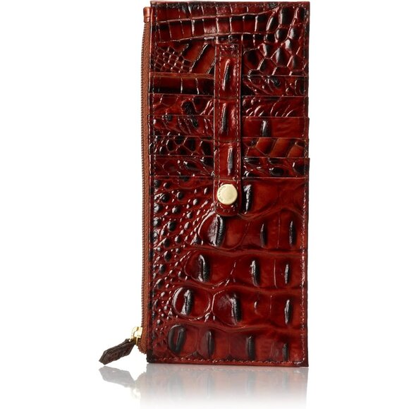 Womens Pecan Leather Slim Wallet with 10 Card Slots & Zip Closure